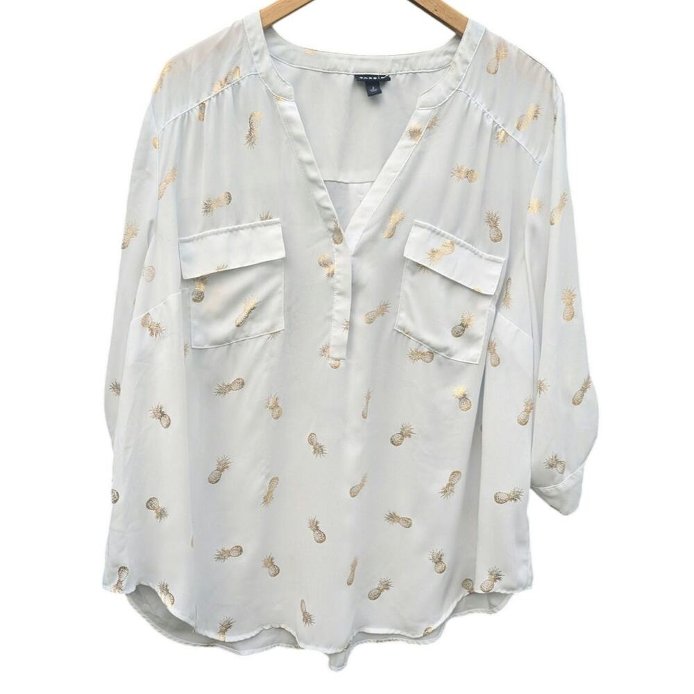 Torrid 2X Harper Tab Sleeve blouse tropical pineapple summer vacation white